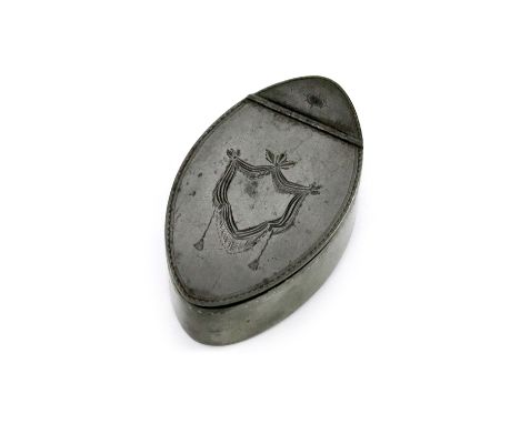 A 19th century Britannia metal snuff box, by I. Vickers, oval navette form, the hinged cover with an engraved shield, length 