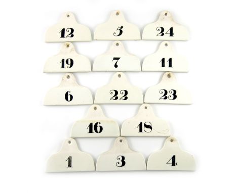 A collection of fourteen 19th century ceramic bin labels, some by Copeland, arched rounded rectangular form, numbered in blac