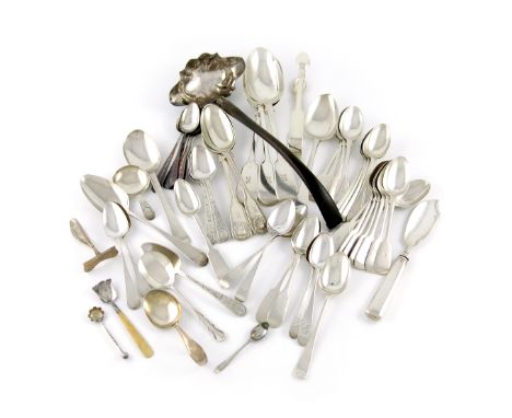 λ A mixed lot of silver flatware, various dates and makers, comprising: an 18th century Channel Islands spoon, by Guillaume H