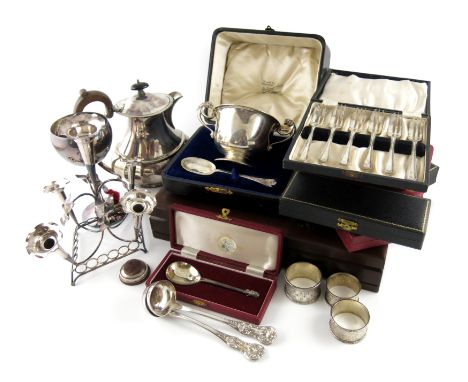 A mixed lot, comprising silver items: a hot water pot, Birmingham 1931, a cased set of twenty-five commemorative ingots, cele