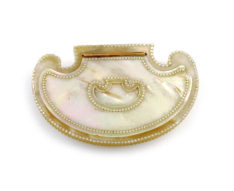 An early 19th century French gold-mounted mother-of-pearl snuff box, circa 1810, cartouche form, beaded borders, the hinged c