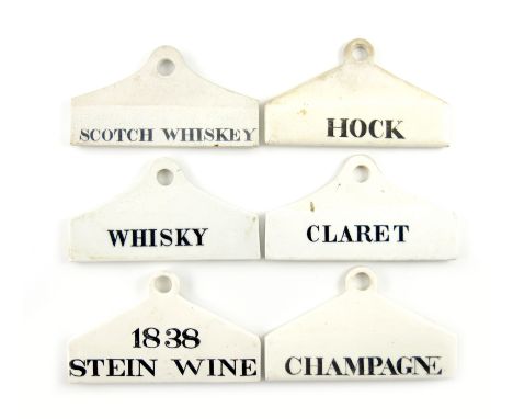 A collection of six 19th century ceramic bin labels, some by Farrow and Jackson, arched rectangular form, titled in black '18