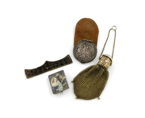 A mixed lot, comprising: a silver-gilt mesh purse, with a concertina closing neck, and with a purple finial and chain attachm