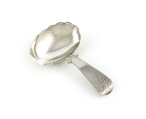 A George III silver caddy spoon, by Thomas Johnson, London 1811, shaped oval bowl, wavy-edge border, with a tapering fish-tai