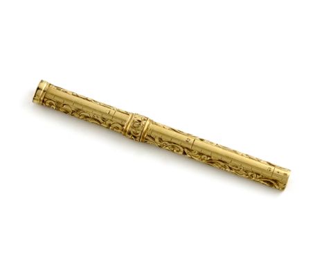 A Victorian 10-carat gold pencil, / ruler, marked with the arrow mark for S. Mordan and Co, oval cylindrical form, engraved t