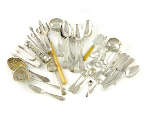 λ A mixed lot of silver flatware, various dates and makers, comprising: seven tablespoons, six pairs of sugar tongs, two pair
