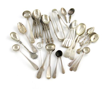 A mixed lot of silver flatware, various dates and makers, comprising: a set of five small Fiddle pattern teaspoons, by George