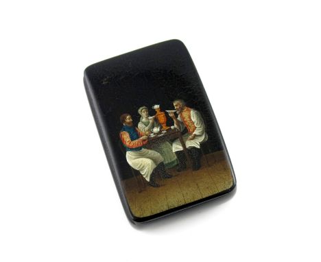 A late 19th century Russian lacquered snuff box, by Vishniakov, rectangular form, the cover painted with a tea drinking scene