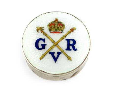 A commemorative silver and enamel box, by Mappin and Webb, London 1910, circular form, the pull-off cover enamelled with 'GRV