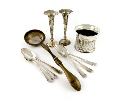 A mixed lot of silver items, comprising: a pair of Chinese vases, by Wang Hing, tapering trumpet form, with blossom and bird 