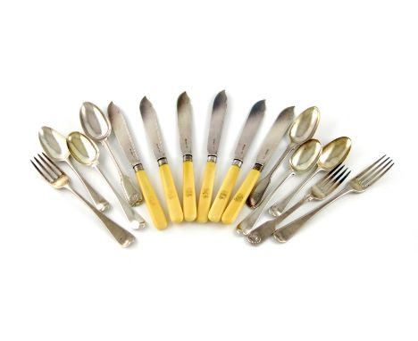 λ A mixed lot of silver flatware, comprising: a set of six Victorian fish knives, Sheffield 1879, with ivory handles, plus a 