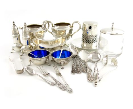 A mixed lot of American silver items, comprising: a jam pot and cover with a spoon, by USA Georg Jensen INC, circular form, w