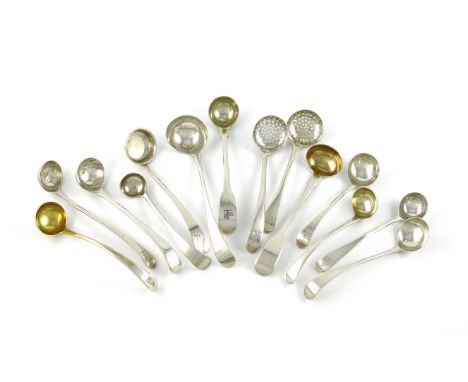 A collection of antique silver condiment ladles, various dates and makers, comprising: Old English and Fiddle patterns, some 