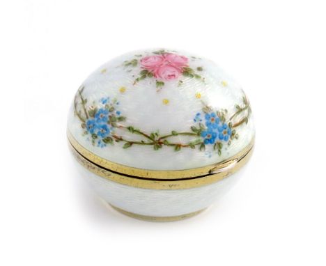 An Austrian silver-gilt and enamel box, marked Espunes, circular form, the domed hinged cover with Flowers on a pearl coloure