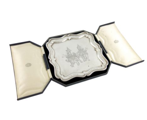 A Siamese presentation silver salver, by F.W. Margrett, Bangkok 1930, shaped rectangular form, moulded border, the centre eng