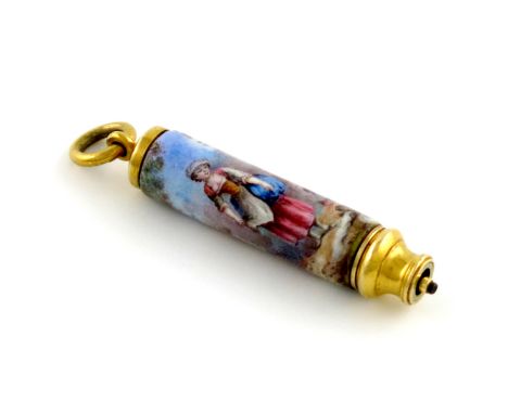 A Victorian gold and enamel telescopic pencil, unmarked, cylindrical form, enamelled with a scene of a lady feeding chickens,