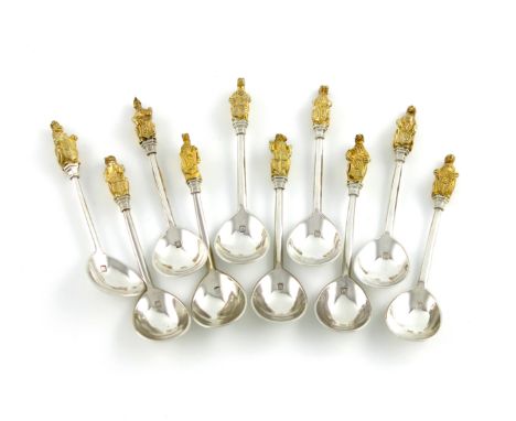 A set of ten modern silver Queen's Beasts spoons, by R. Comyns, London 1972, with gilded Queen's beast finials, approx. weigh