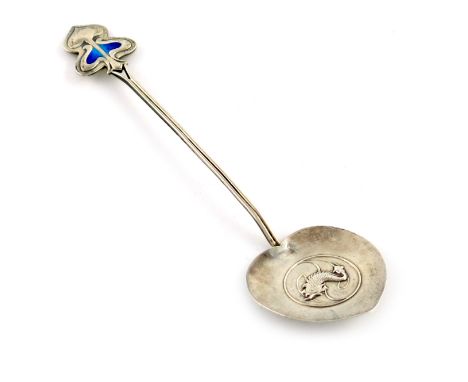 An Art Nouveau silver and enamel spoon, incuse maker's possibly A. H. W. and Co. Birmingham 1905, the heart shaped bowl embos