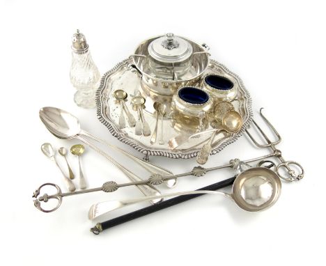 A mixed lot, comprising silver items: a George III Old English pattern soup ladle, London 1767, a pair of large silver salts,