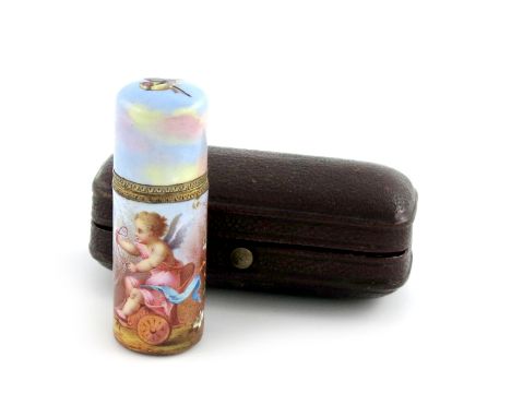 A French silver-gilt and enamel scent bottle, marked with a control mark and retailed by Laurent, Paris, cylindrical form, de