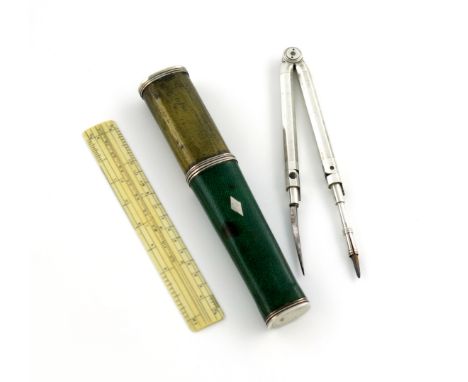 λ A George III surveyor set, comprising a pair of dividers with reversible ends for drawing, and an ivory ruler, in a fitted 