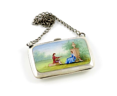 A silver-mounted enamel purse, maker's mark worn, Birmingham 1906, rectangular form, the front enamelled with a scene of a ge