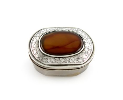 An 18th century silver-mounted agate snuff box, unmarked, possibly Scottish, circa 1760-70, oblong tapering form, the hinged 