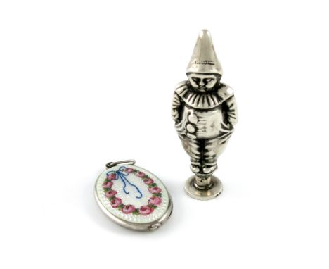 An Austrian silver and enamel mirror and photograph frame locket, oval form, slide-action opening, enamelled with a garland o