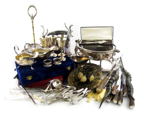 λ A mixed lot of electroplated items, comprising: a wine cooler of cylindrical form, with stag head side handles, a small Asp