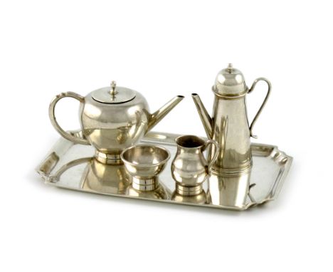 A five-piece silver miniature tea set, by Asprey & Co, London 1938, comprising: tea pot, coffee pot, cream jug, sugar basin a