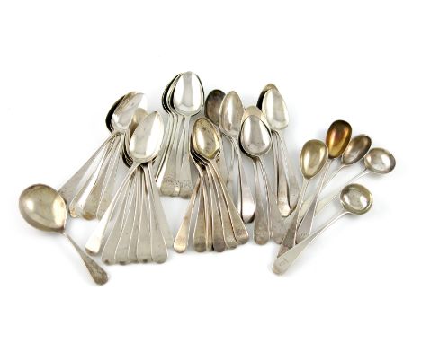 A mixed lot of silver spoons, various dates and makers, comprising: a set of six egg spoons, by Eley and Fearn, London 1822, 