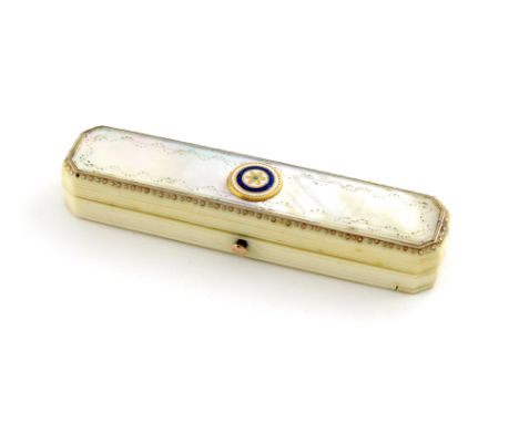 λ A George III ivory and mother-of-pearl toothpick box, circa 1800, rectangular form, canted corners, the hinged cover with a