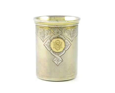 A Victorian silver-gilt beaker, by Brownett and Rose, London 1863, cylindrical form, engine-turned decoration, engraved decor