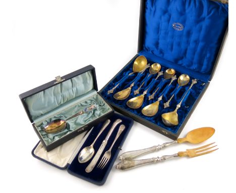 λ A mixed lot of silver flatware, comprising:  an 18th century French silver-gilt spoon, maker's mark C.P, with a tapering en