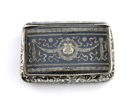 A late-19th century Austro-Hungarian silver and niello work snuff box, maker's mark FB, rectangular form, with foliate scroll