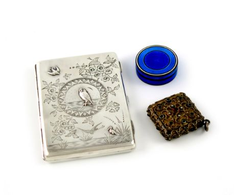 A mixed lot of silver items, comprising: a French silver and blue enamel box, of circular form, white borders, plus a Victori