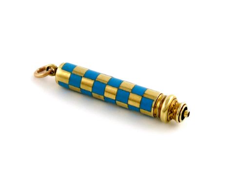 A Victorian gold and enamel telescopic pencil, by S. Mordan and Co., cylindrical form, enamelled with turquoise chequer board