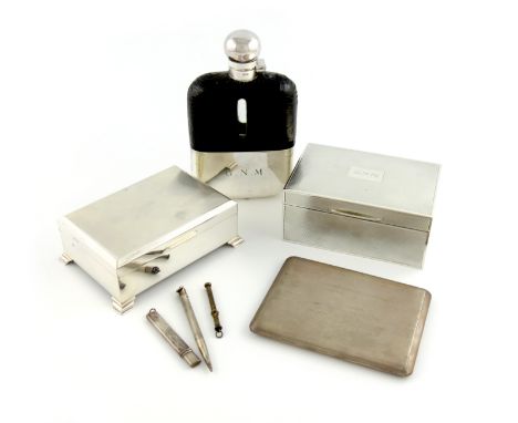 A mixed lot of silver items, comprising: a cigarette case, retailed by Garrard and Co, London 1969, engine-turned decoration,