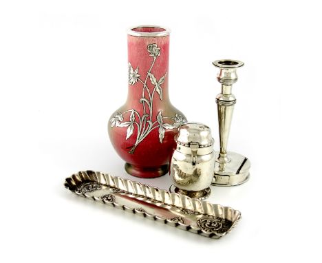 A mixed lot of silver items, comprising: a candlestick, the base with a slide-out vesta drawer and with a striker, Birmingham