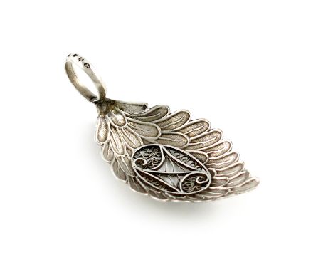 A George III silver caddy spoon, by Samuel Pemberton, Birmingham 1804, oval feather-shaped bowl, textured feather decoration,
