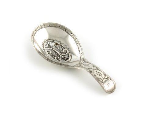 A George III silver caddy spoon, by Samuel Pemberton, Birmingham 1804, oval bowl, bright-cut engraved decoration, the bowl se