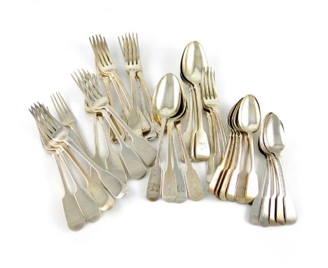 A collection of silver Fiddle pattern flatware, comprising: a set of six Exeter table forks, 1836 and 1838, a set of six tabl