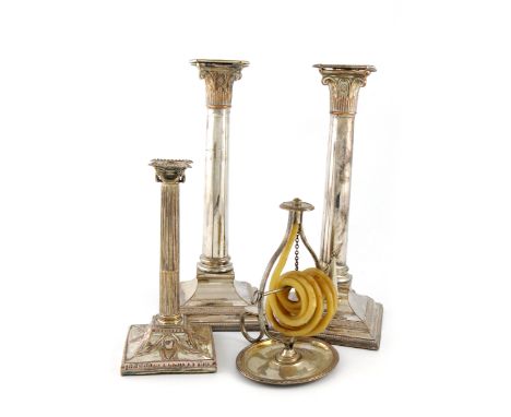 A small mixed lot of old Sheffield plated items, comprising: a pair of candlesticks, circa 1790, of tapering circular form, c