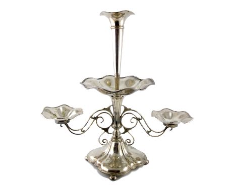 An Edwardian electroplated epergne, by James Dixon and Sons, large central trumpet vase with a circular dish, with two wire-w