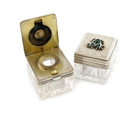 A Victorian silver-mounted glass travelling inkwell and vesta box, by Tween and Purnell, London 1866, the vesta striker pad b