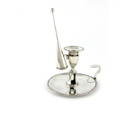 A George III silver chamber stick, by Samuel Roberts, George Cadman & Co, Sheffield 1796, circular form, scroll handle with a