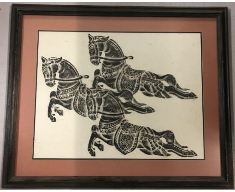 A framed and glazed Persian stencil print artwork, depicting 3 galloping horses. With dark wood frame and coloured mount. Fra