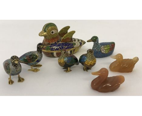 A collection of Cloisonné and natural stone miniature bird figures.  To include a cloisonné 2 sectional duck trinket pot, a p