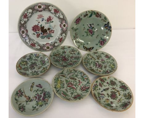 6 small and 1 large Cantonese polychrome plates decorated with flowers, butterflies &amp; birds.  Together with a white groun