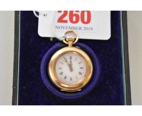 A cased Continental gold stem wind fob watch, stamped 14k, having coloured enamel back decorated poppies and inset mine cut d
